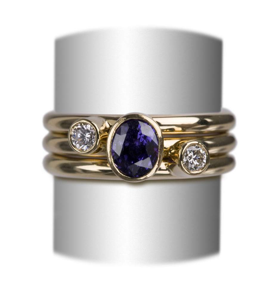 18ct yellow gold, oval purple sapphire and diamond ring set.jpg